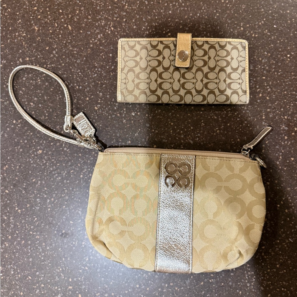 Coach Tan and Silver Wristlet and Wallet Set